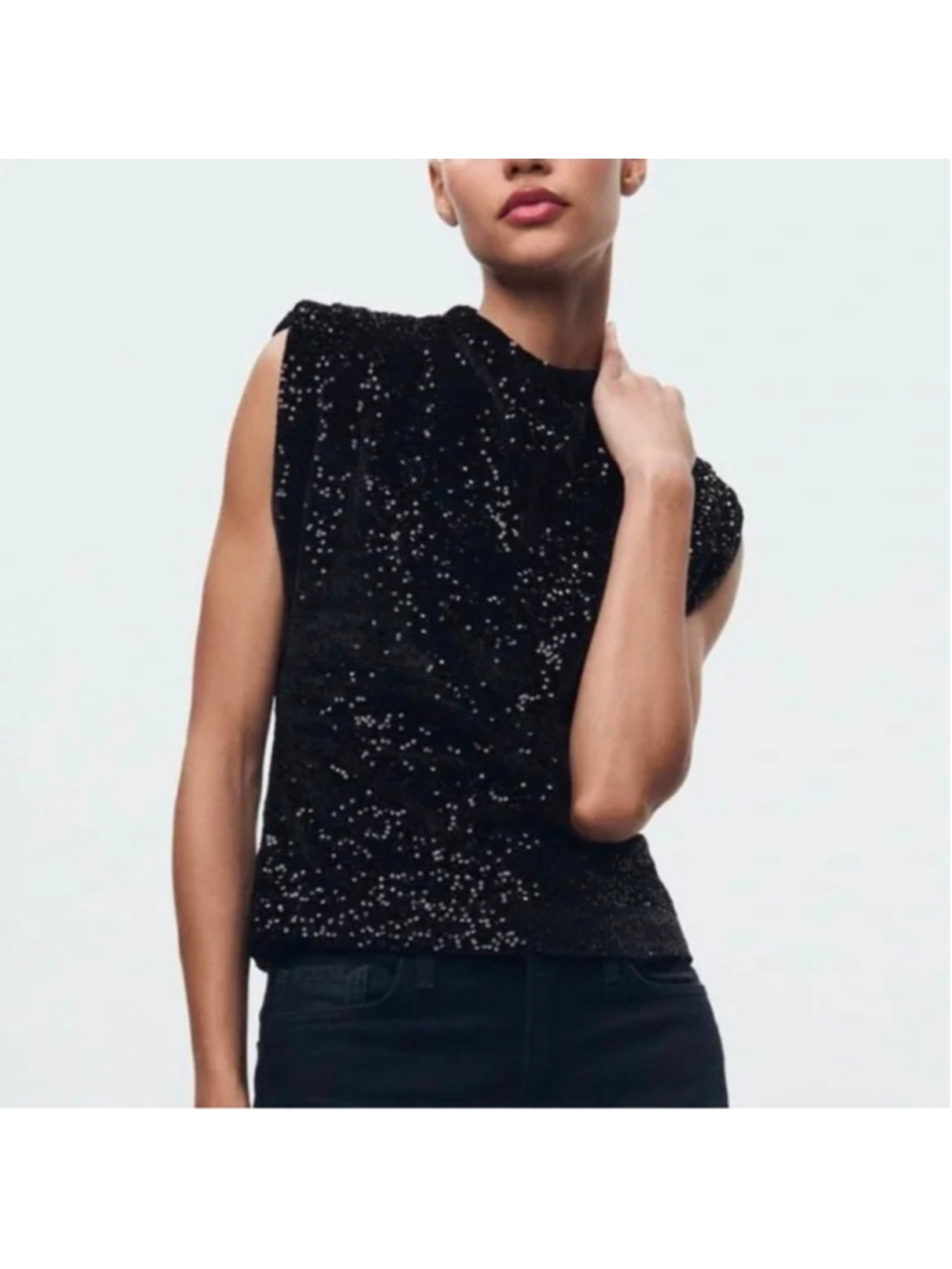 Zara Elegant Black Sequin Sleeveless Top